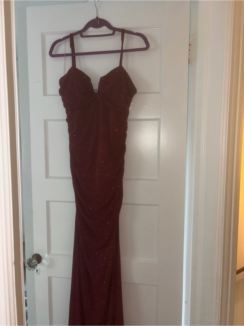 Burgundy Glitter Ruched High Slit Mermaid Formal Gown